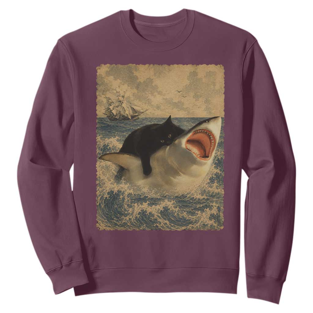 Black Cat Biting Shark Anime Graphic Japanese Sweatshirt Vintage Graphic Ukiyo-e Art TS10 Maroon Print Your Wear