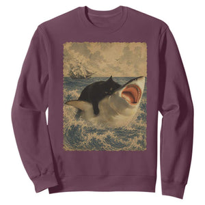 Black Cat Biting Shark Anime Graphic Japanese Sweatshirt Vintage Graphic Ukiyo-e Art TS10 Maroon Print Your Wear