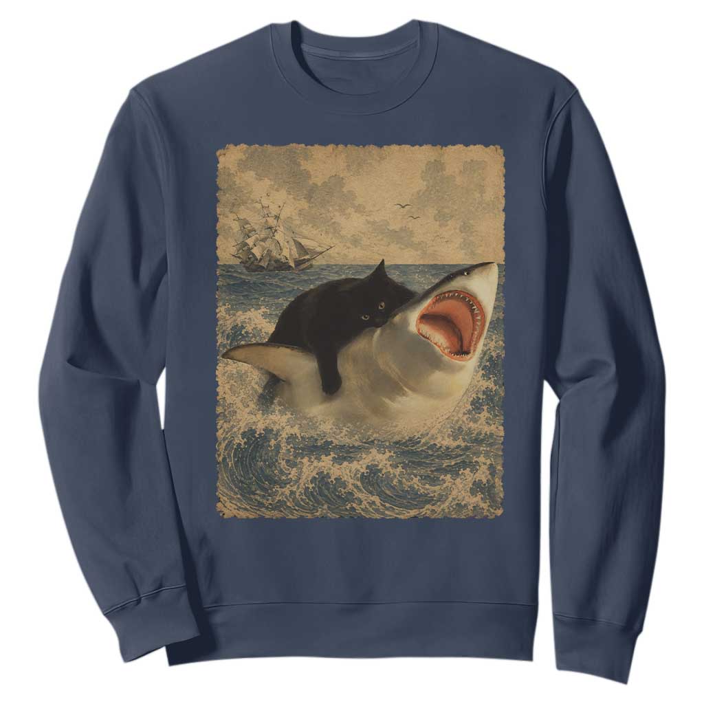 Black Cat Biting Shark Anime Graphic Japanese Sweatshirt Vintage Graphic Ukiyo-e Art TS10 Navy Print Your Wear