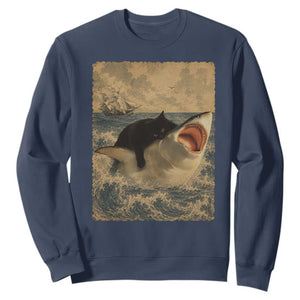 Black Cat Biting Shark Anime Graphic Japanese Sweatshirt Vintage Graphic Ukiyo-e Art TS10 Navy Print Your Wear