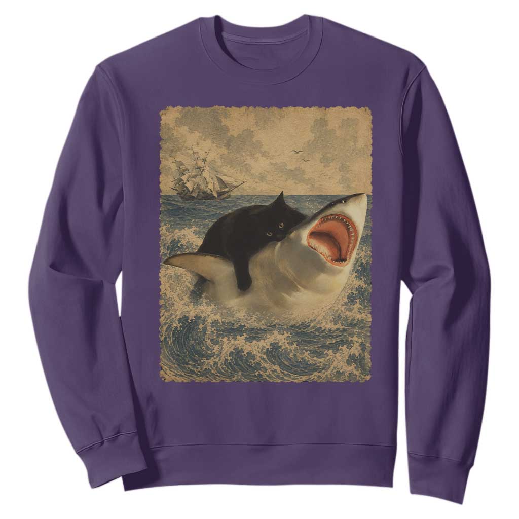Black Cat Biting Shark Anime Graphic Japanese Sweatshirt Vintage Graphic Ukiyo-e Art TS10 Purple Print Your Wear