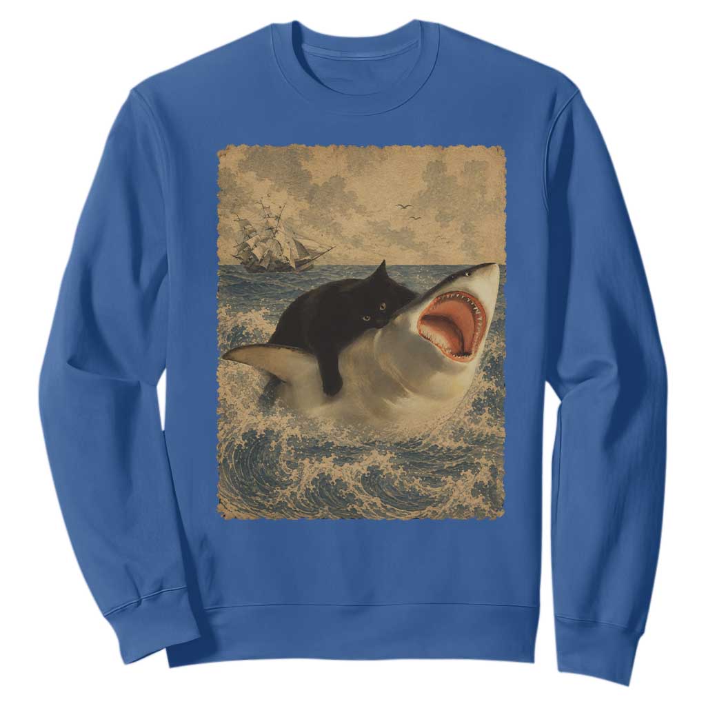 Black Cat Biting Shark Anime Graphic Japanese Sweatshirt Vintage Graphic Ukiyo-e Art TS10 Royal Blue Print Your Wear
