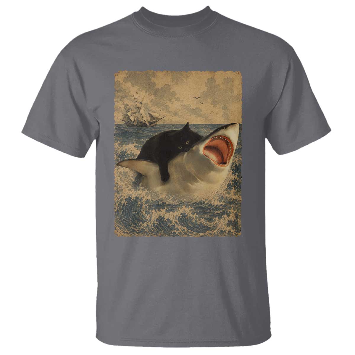 Black Cat Biting Shark Anime Graphic Japanese T Shirt Vintage Graphic Ukiyo-e Art TS10 Charcoal Print Your Wear