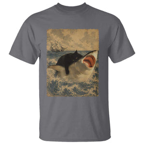 Black Cat Biting Shark Anime Graphic Japanese T Shirt Vintage Graphic Ukiyo-e Art TS10 Charcoal Print Your Wear