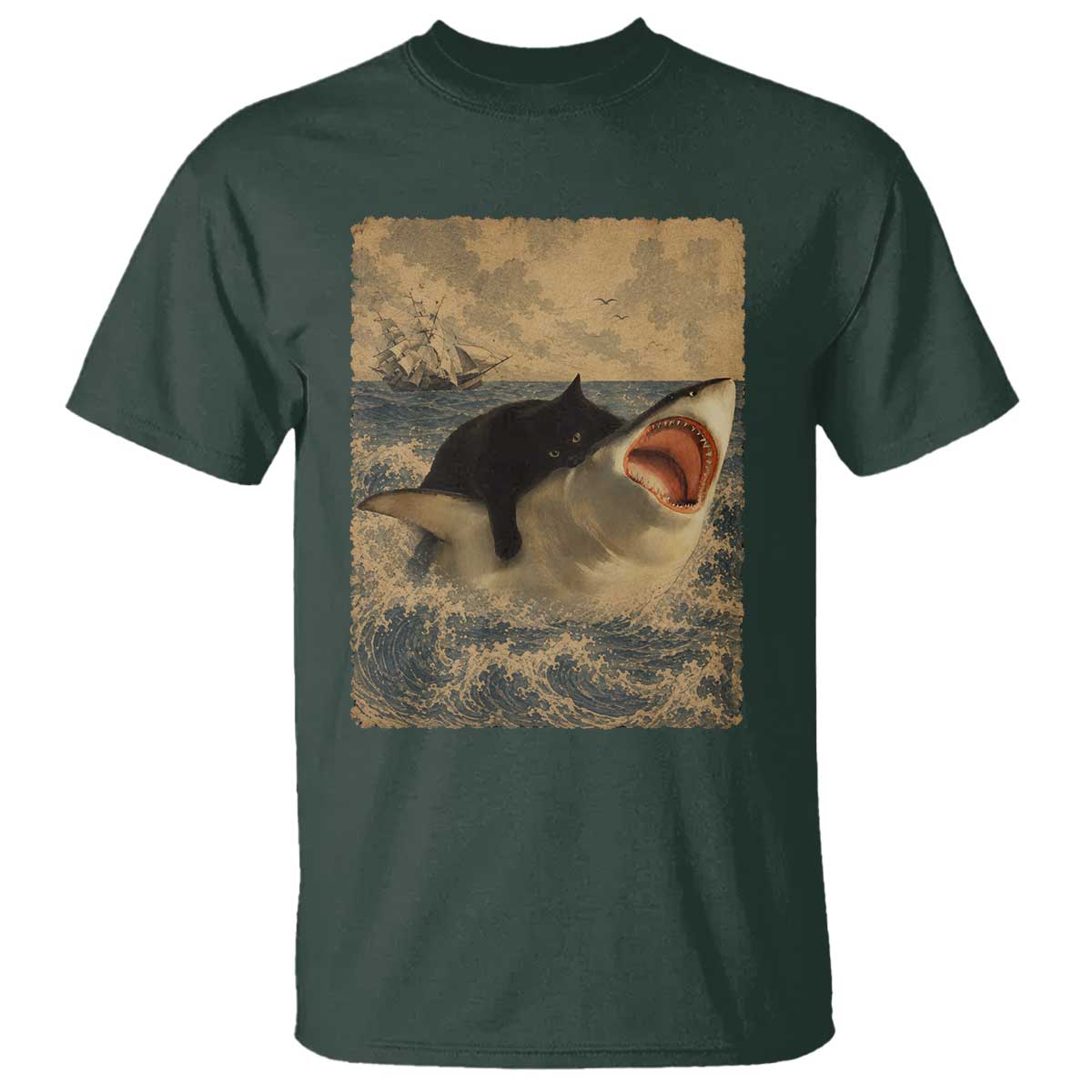 Black Cat Biting Shark Anime Graphic Japanese T Shirt Vintage Graphic Ukiyo-e Art TS10 Dark Forest Green Print Your Wear