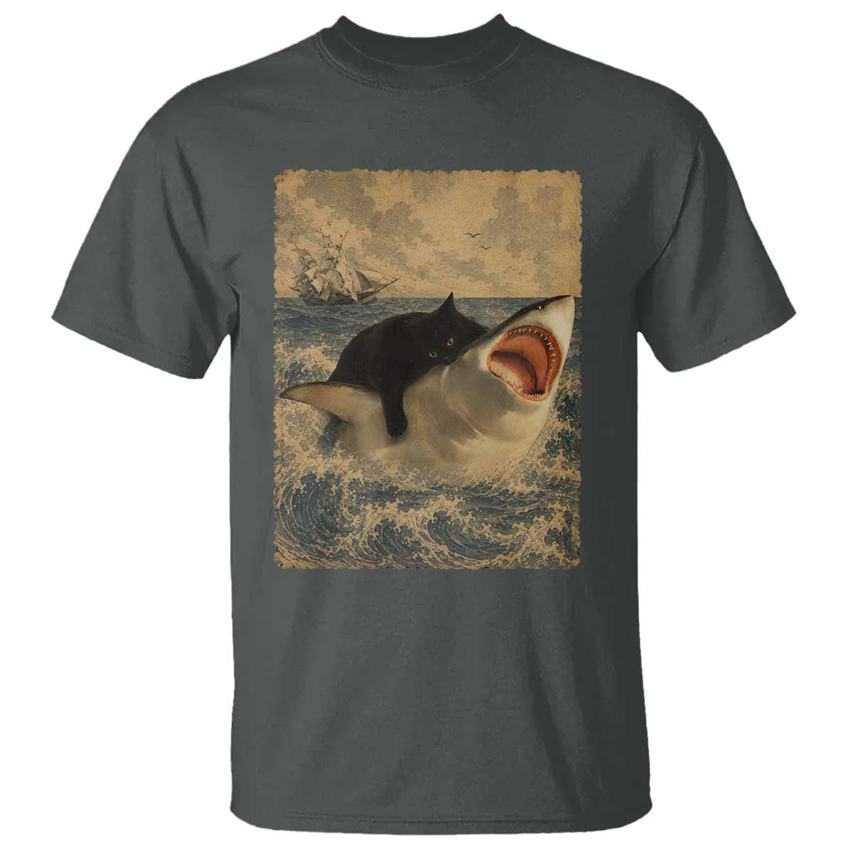 Black Cat Biting Shark Anime Graphic Japanese T Shirt Vintage Graphic Ukiyo-e Art TS10 Dark Heather Print Your Wear