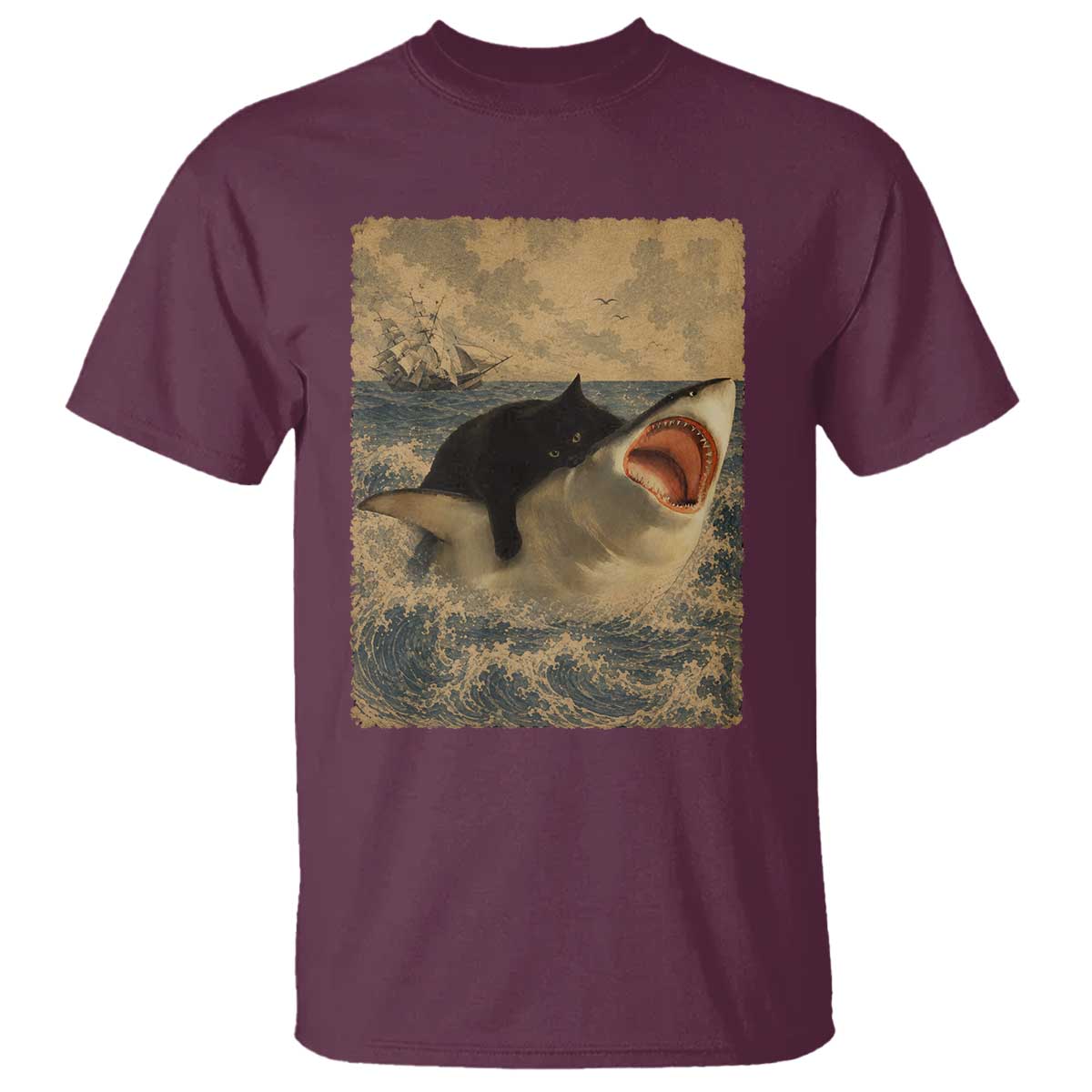 Black Cat Biting Shark Anime Graphic Japanese T Shirt Vintage Graphic Ukiyo-e Art TS10 Maroon Print Your Wear
