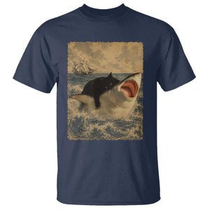 Black Cat Biting Shark Anime Graphic Japanese T Shirt Vintage Graphic Ukiyo-e Art TS10 Navy Print Your Wear
