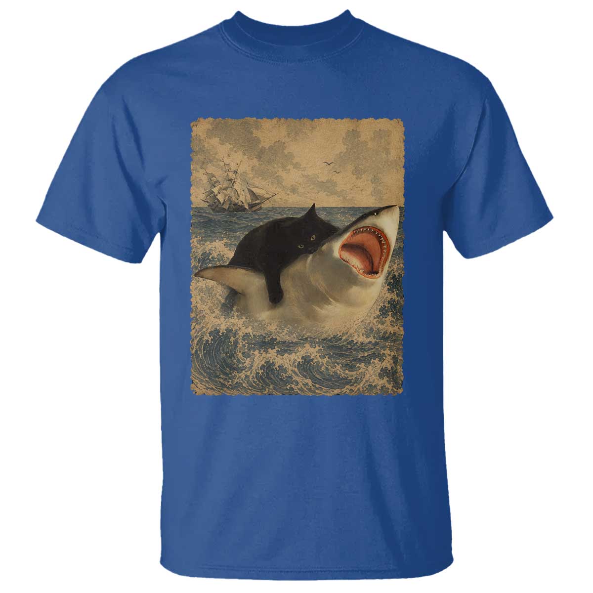 Black Cat Biting Shark Anime Graphic Japanese T Shirt Vintage Graphic Ukiyo-e Art TS10 Royal Blue Print Your Wear