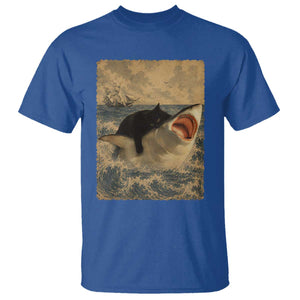 Black Cat Biting Shark Anime Graphic Japanese T Shirt Vintage Graphic Ukiyo-e Art TS10 Royal Blue Print Your Wear