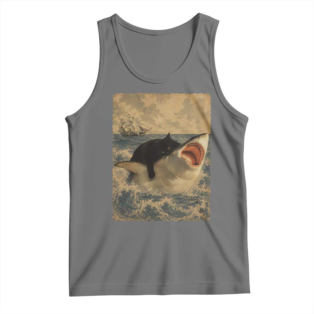 Black Cat Biting Shark Anime Graphic Japanese Tank Top Vintage Graphic Ukiyo-e Art TS10 Black Heather Print Your Wear