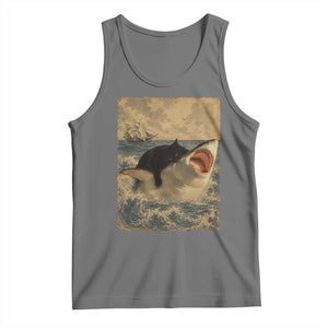 Black Cat Biting Shark Anime Graphic Japanese Tank Top Vintage Graphic Ukiyo-e Art TS10 Black Heather Print Your Wear