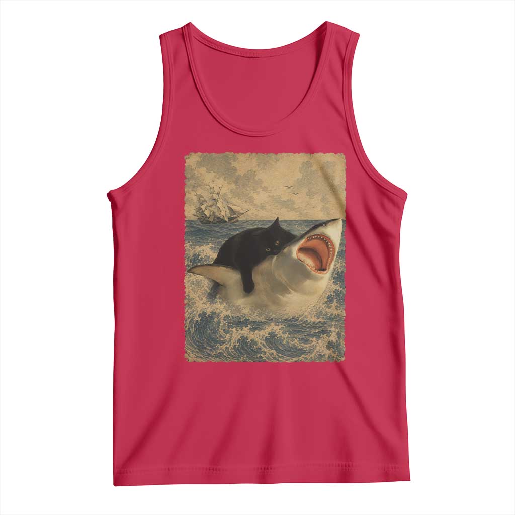 Black Cat Biting Shark Anime Graphic Japanese Tank Top Vintage Graphic Ukiyo-e Art TS10 Red Print Your Wear