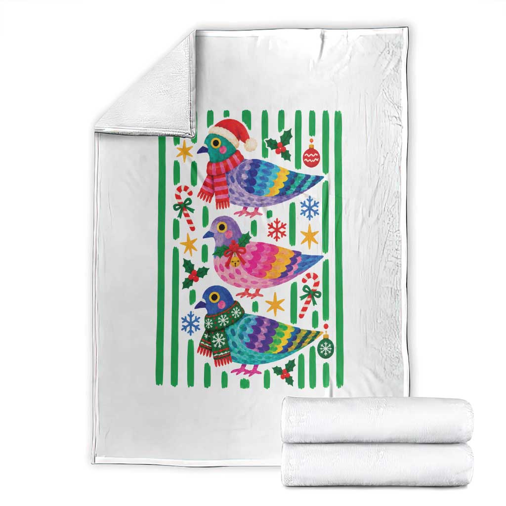 Christmas Pigeons Striped Pattern Graphic Throw Blanket Festive Winter Animal Bird Lover Aesthetic