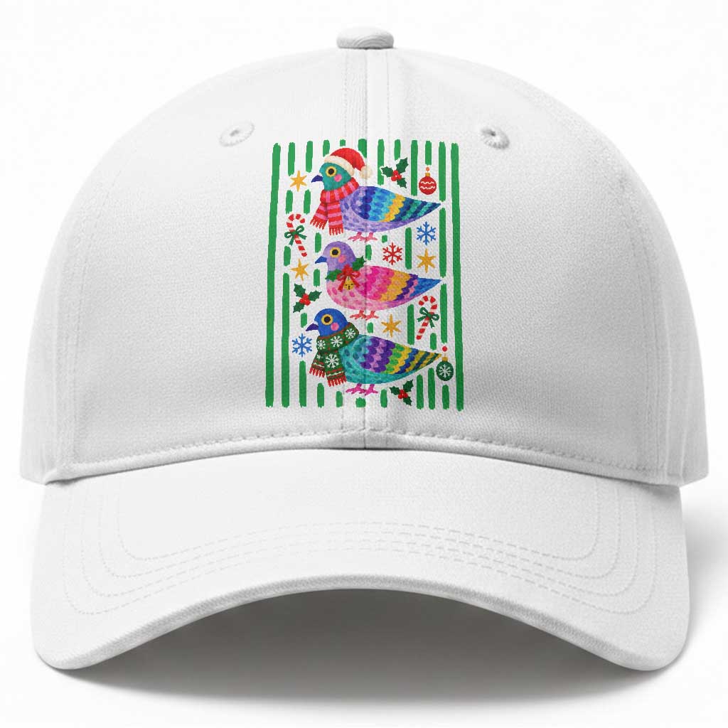Christmas Pigeons Striped Pattern Graphic Baseball Cap Festive Winter Animal Bird Lover Aesthetic