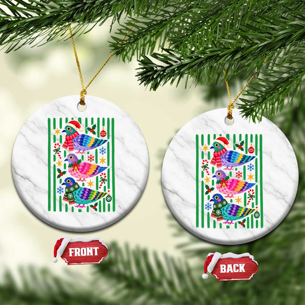 Christmas Pigeons Striped Pattern Graphic Ceramic Ornament Festive Winter Animal Bird Lover Aesthetic
