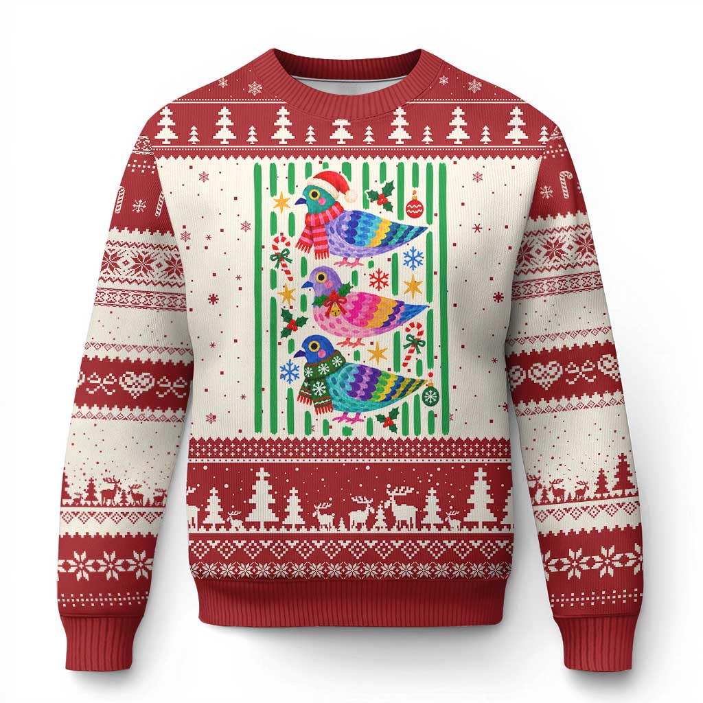 Xmas Pigeons Striped Pattern Graphic Ugly Christmas Sweater Festive Winter Animal Bird Lover Aesthetic