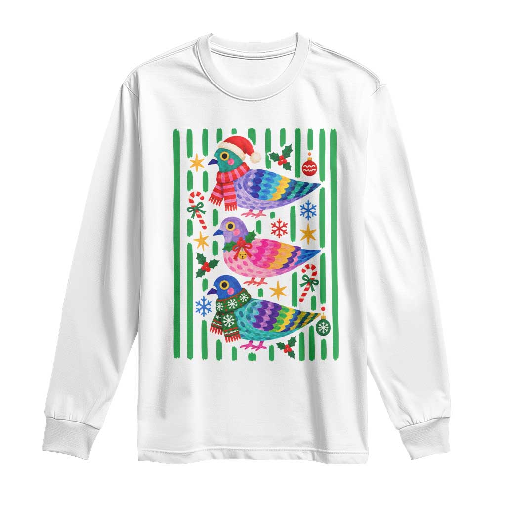 Christmas Pigeons Striped Pattern Graphic Long Sleeve Shirt Festive Winter Animal Bird Lover Aesthetic
