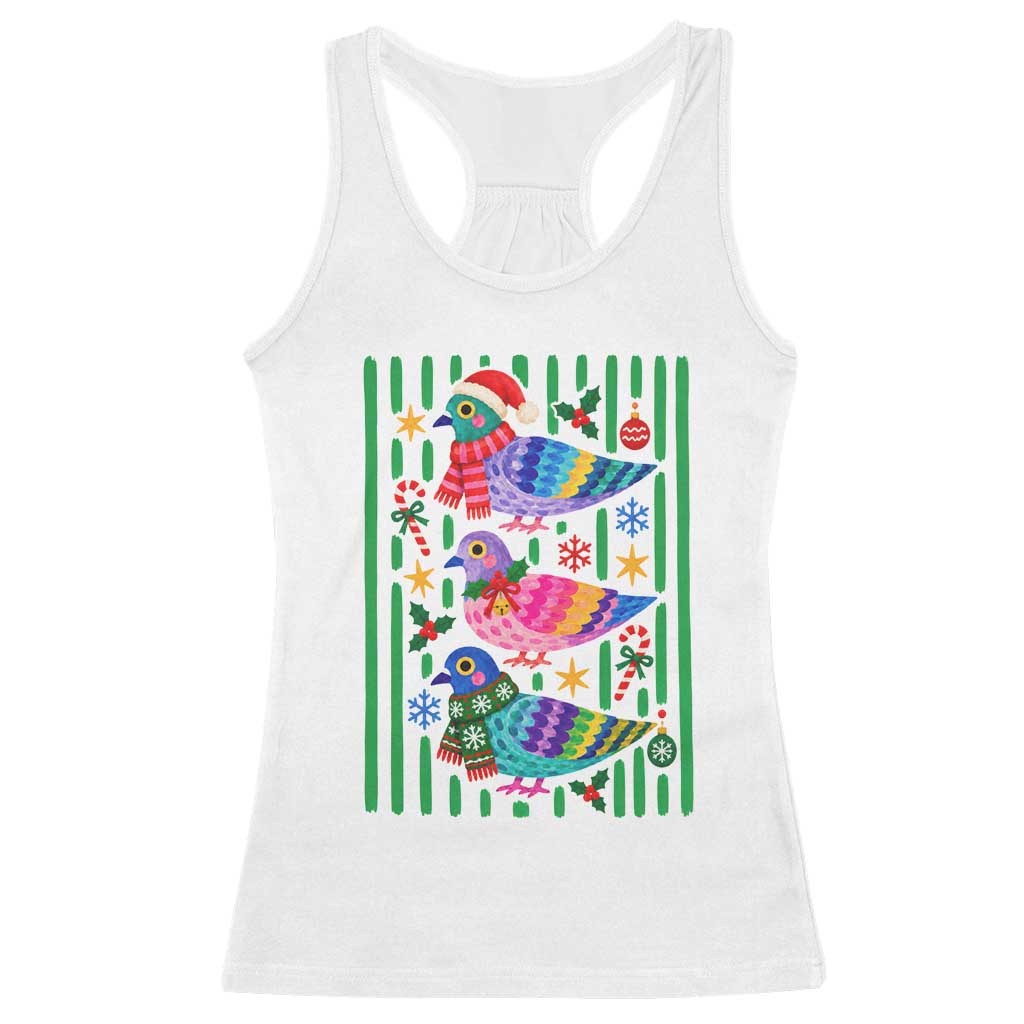 Christmas Pigeons Striped Pattern Graphic Racerback Tank Top Festive Winter Animal Bird Lover Aesthetic