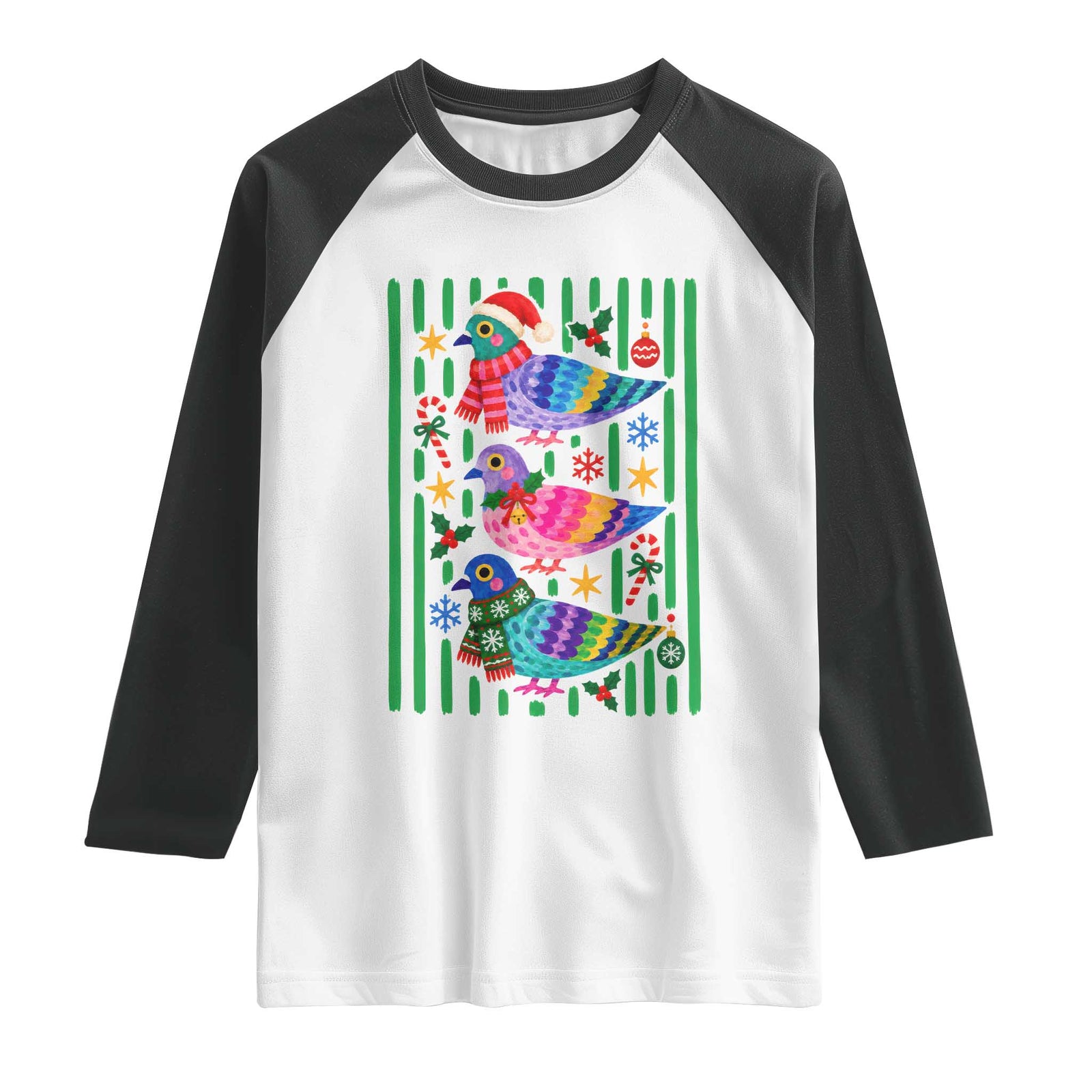 Christmas Pigeons Striped Pattern Graphic Raglan Shirt Festive Winter Animal Bird Lover Aesthetic