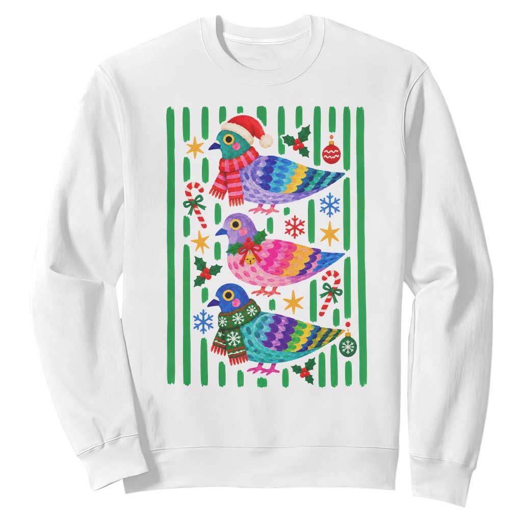 Christmas Pigeons Striped Pattern Graphic Sweatshirt Festive Winter Animal Bird Lover Aesthetic