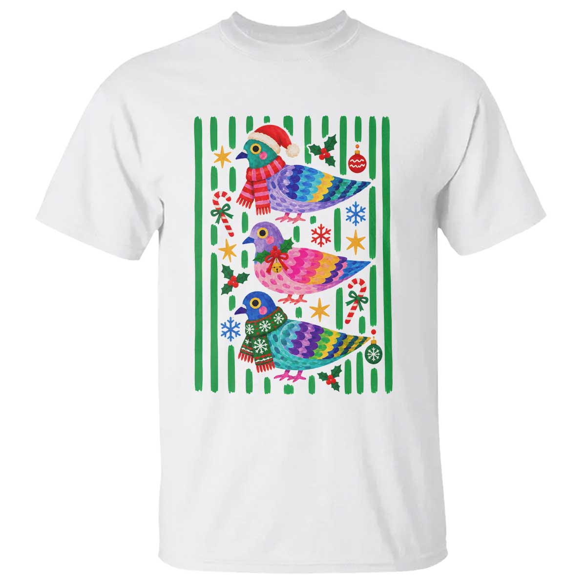 Christmas Pigeons Striped Pattern Graphic T Shirt Festive Winter Animal Bird Lover Aesthetic