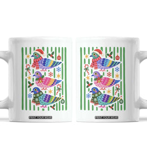 Christmas Pigeons Striped Pattern Graphic Coffee Mug Festive Winter Animal Bird Lover Aesthetic