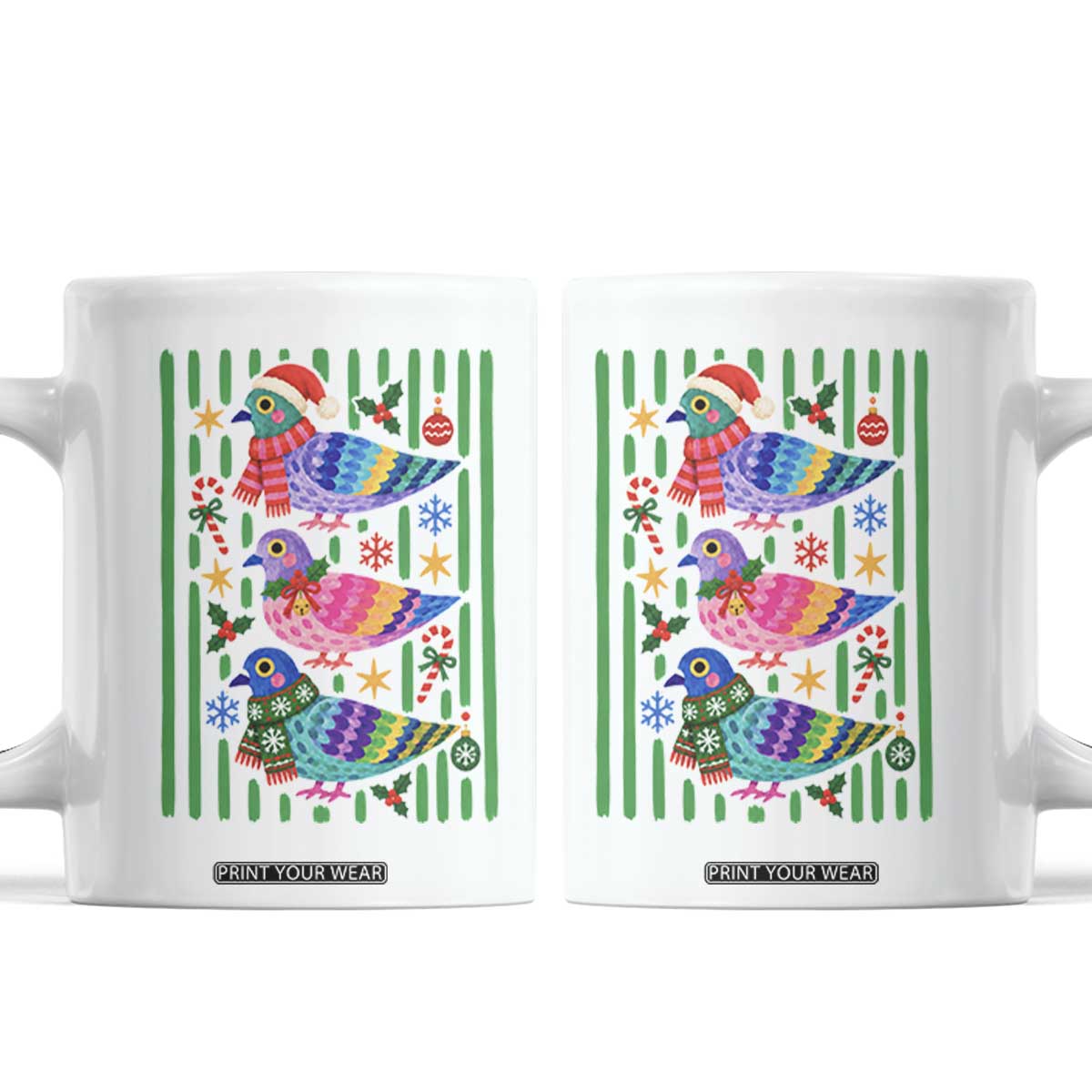 Christmas Pigeons Striped Pattern Graphic Coffee Mug Festive Winter Animal Bird Lover Aesthetic