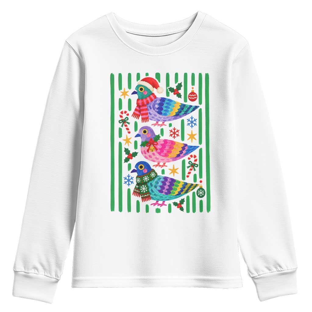 Christmas Pigeons Striped Pattern Graphic Youth Sweatshirt Festive Winter Animal Bird Lover Aesthetic