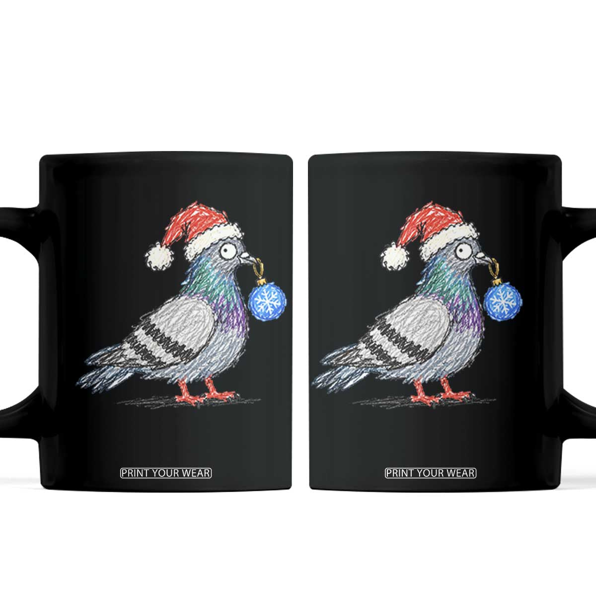 Christmas Pigeon Crayon Doodle Graphic Coffee Mug Funny Santa Hat Bird Lover