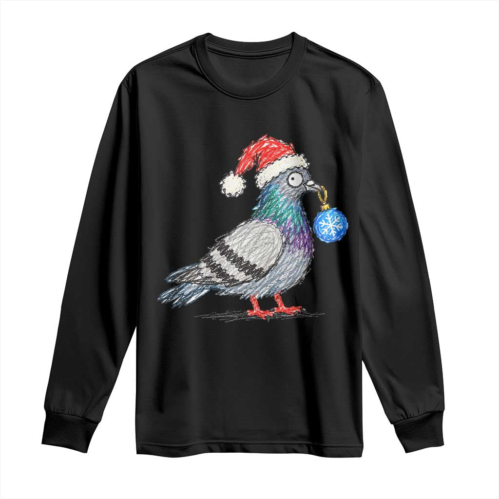 Christmas Pigeon Crayon Doodle Graphic Long Sleeve Shirt Funny Santa Hat Bird Lover