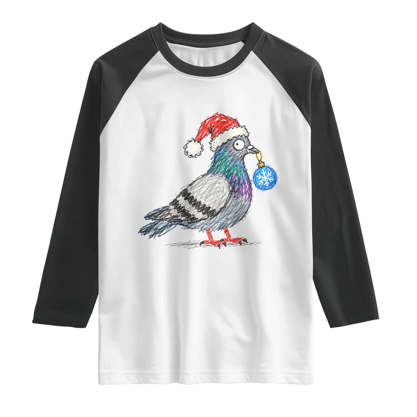 Christmas Pigeon Crayon Doodle Graphic Raglan Shirt Funny Santa Hat Bird Lover