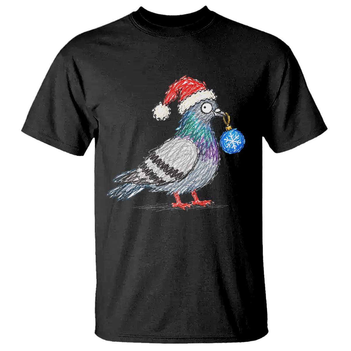 Christmas Pigeon Crayon Doodle Graphic T Shirt Funny Santa Hat Bird Lover