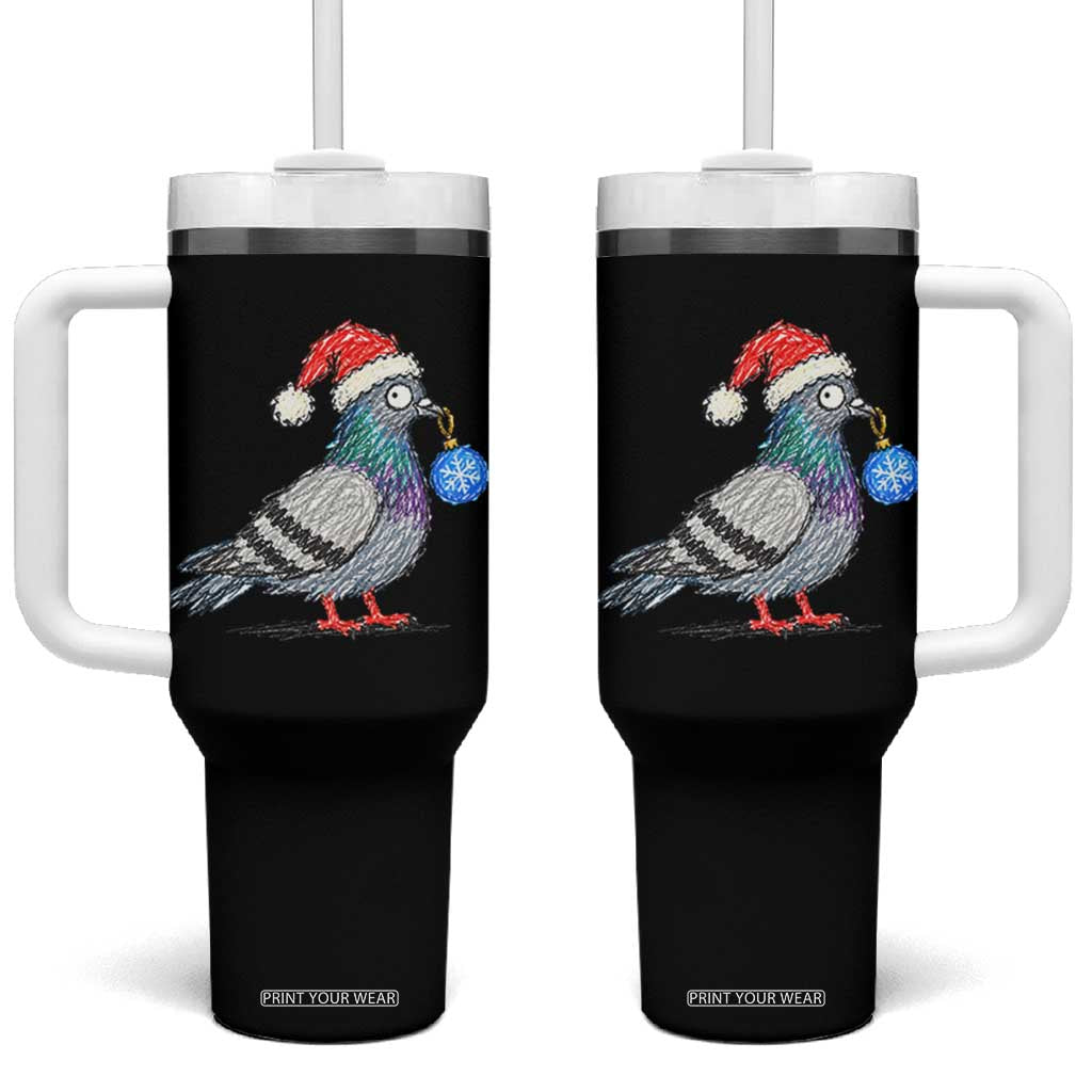 Christmas Pigeon Crayon Doodle Graphic Tumbler With Handle Funny Santa Hat Bird Lover