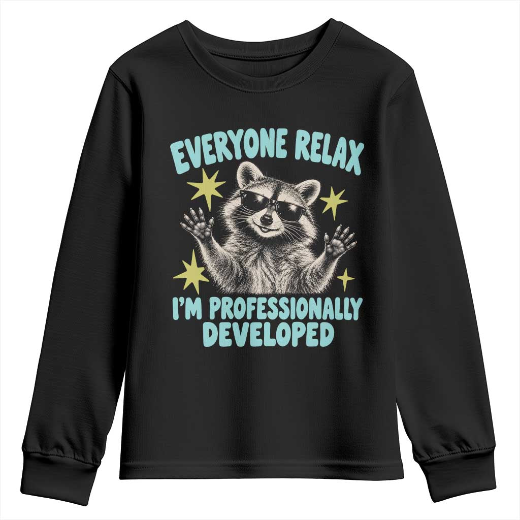 Everyone Relax I Am Professionally Developed Funny Raccoon Youth Sweatshirt Office Work Humor Aesthetic