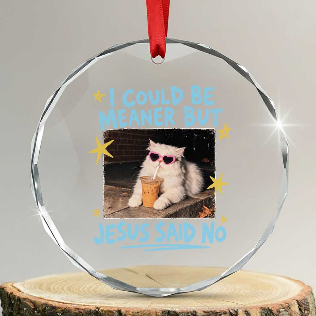 I Could Be Meaner But Jesus Said No Funny Cat Iced Coffee Faith Crystal Glass Ornament Retro Sarcastic Christian Humor Meme