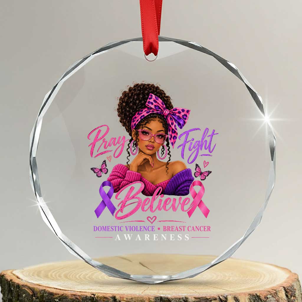 Black Woman Domestic Violence Breast Cancer Awareness Aesthetic Crystal Glass Ornament Black Girl Pray Fight Believe Pink Purple Ribbon Aesthetic