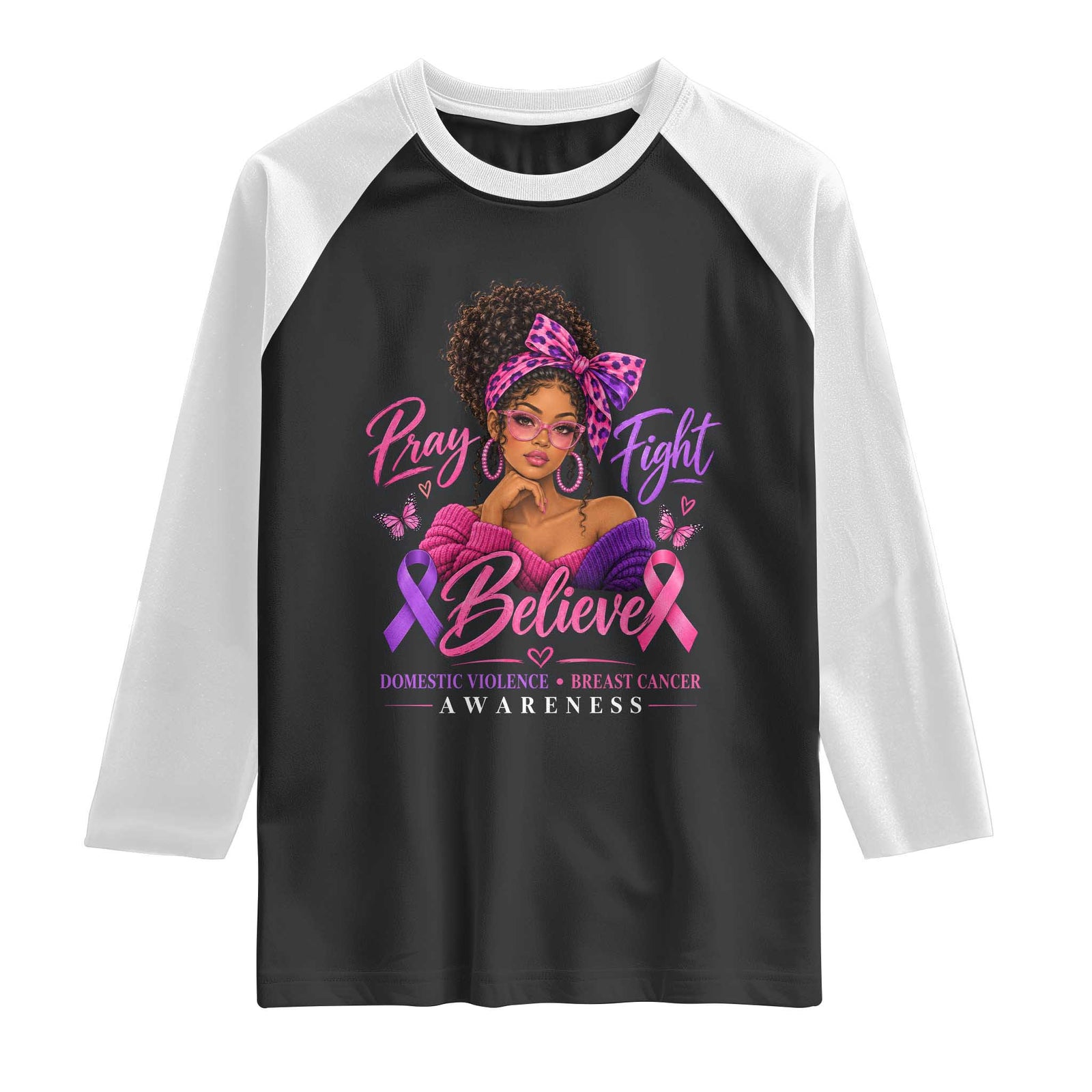 Black Woman Domestic Violence Breast Cancer Awareness Aesthetic Raglan Shirt Black Girl Pray Fight Believe Pink Purple Ribbon Aesthetic