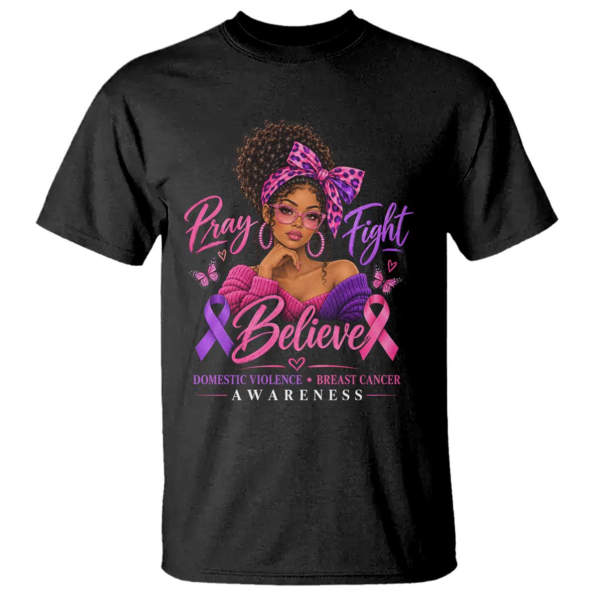 Black Woman Domestic Violence Breast Cancer Awareness Aesthetic T Shirt Black Girl Pray Fight Believe Pink Purple Ribbon Aesthetic