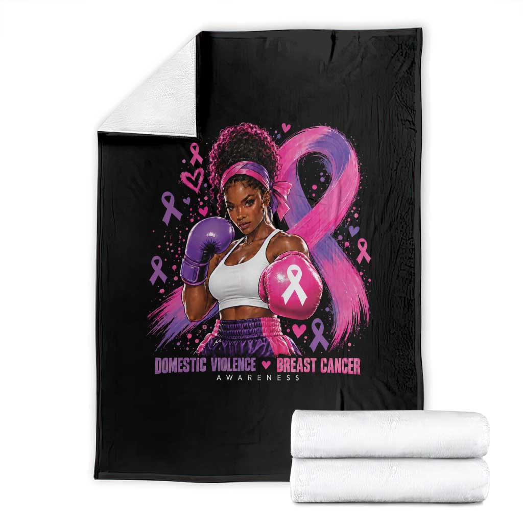 Black Woman Boxer Domestic Violence Breast Cancer Survivor Throw Blanket Purple Pink Ribbon