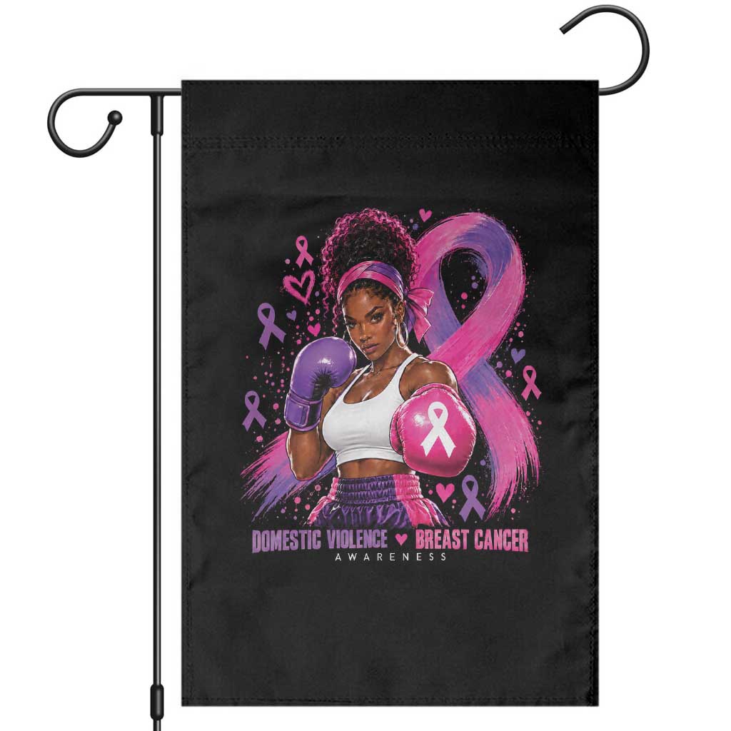 Black Woman Boxer Domestic Violence Breast Cancer Survivor Garden Flag Purple Pink Ribbon