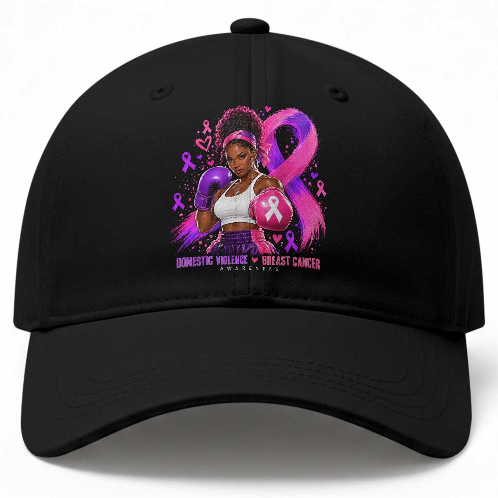 Black Woman Boxer Domestic Violence Breast Cancer Survivor Baseball Cap Purple Pink Ribbon