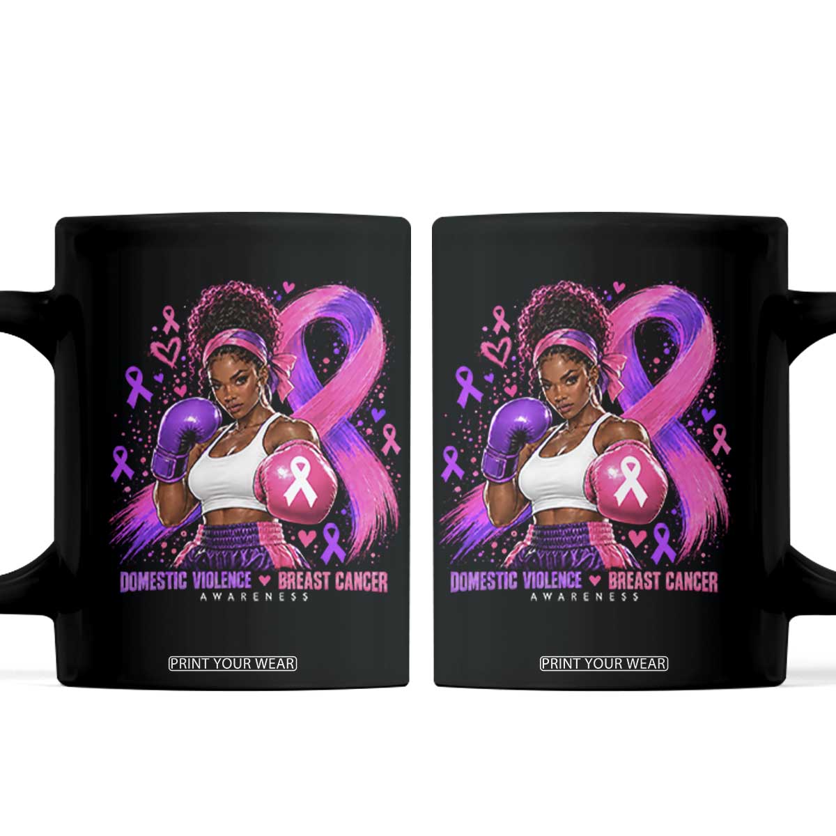 Black Woman Boxer Domestic Violence Breast Cancer Survivor Coffee Mug Purple Pink Ribbon