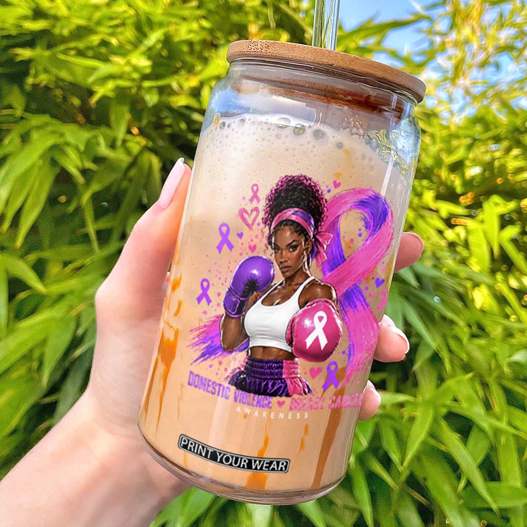 Black Woman Boxer Domestic Violence Breast Cancer Survivor Glass Can Purple Pink Ribbon