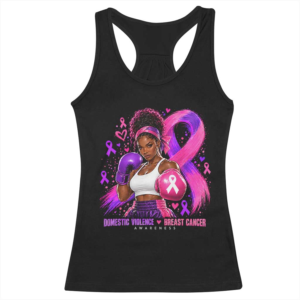 Black Woman Boxer Domestic Violence Breast Cancer Survivor Racerback Tank Top Purple Pink Ribbon