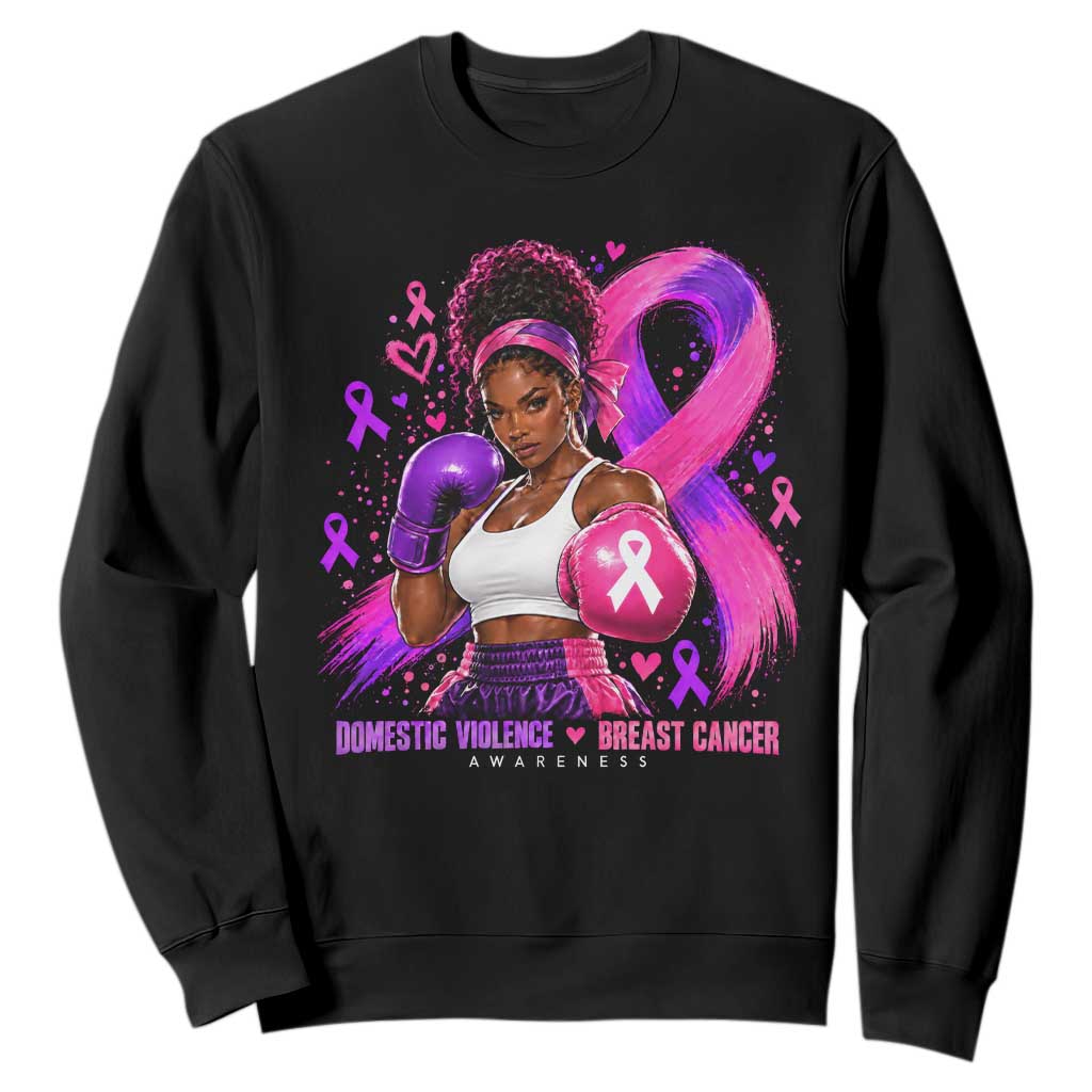 Black Woman Boxer Domestic Violence Breast Cancer Survivor Sweatshirt Purple Pink Ribbon
