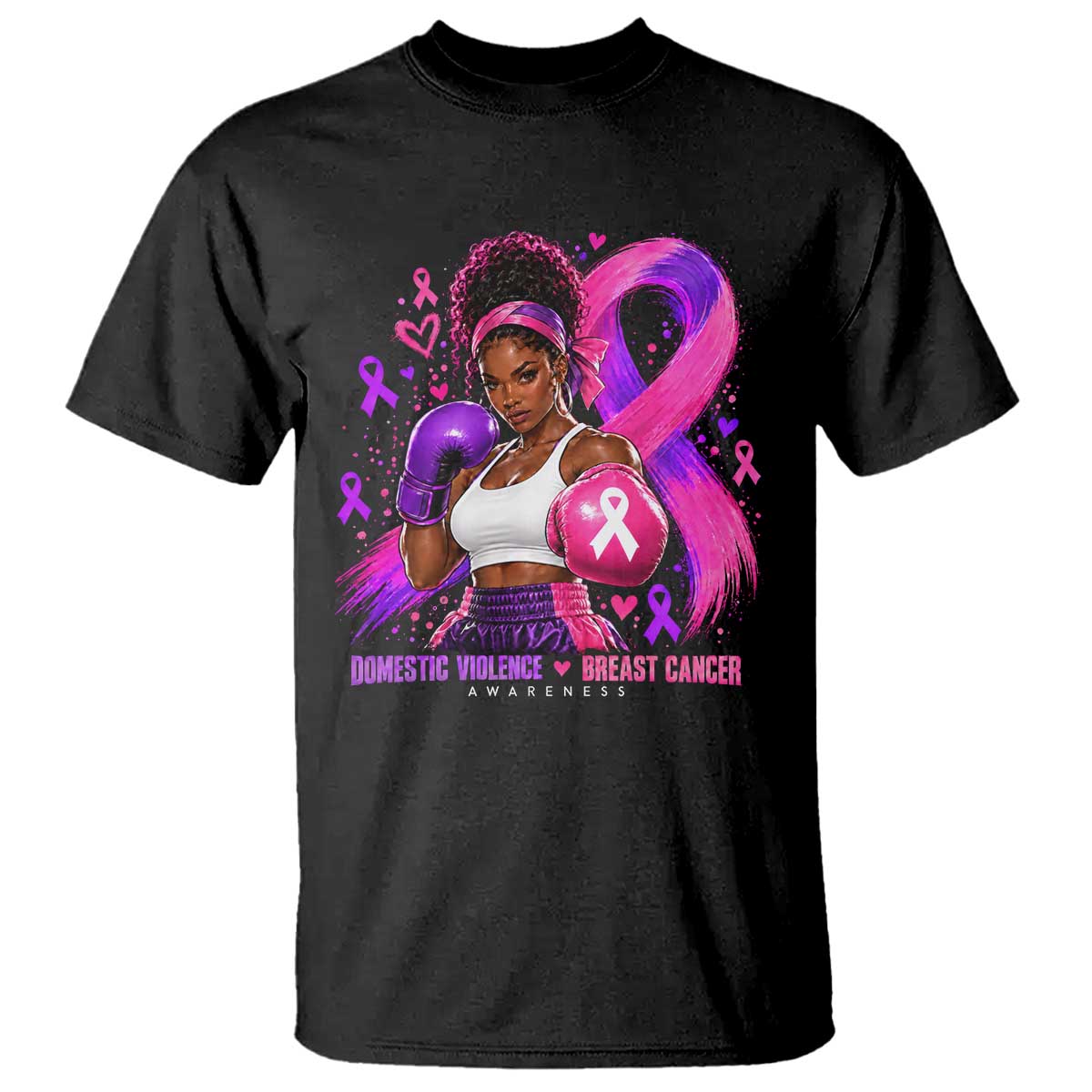 Black Woman Boxer Domestic Violence Breast Cancer Survivor T Shirt Purple Pink Ribbon