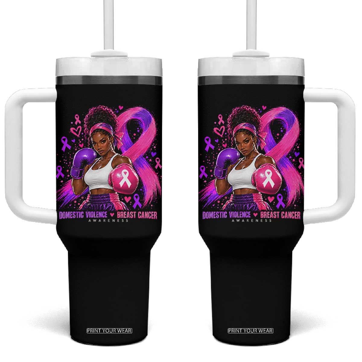Black Woman Boxer Domestic Violence Breast Cancer Survivor Tumbler With Handle Purple Pink Ribbon