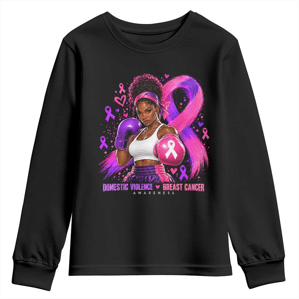 Black Woman Boxer Domestic Violence Breast Cancer Survivor Youth Sweatshirt Purple Pink Ribbon