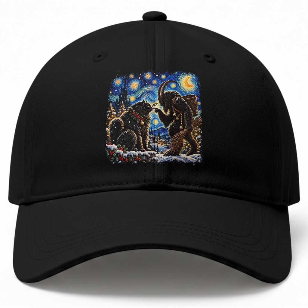 Krampus Boop Yule Cat Starry Night Baseball Cap Retro Funny Gothic Christmas Folklore Oil Painting